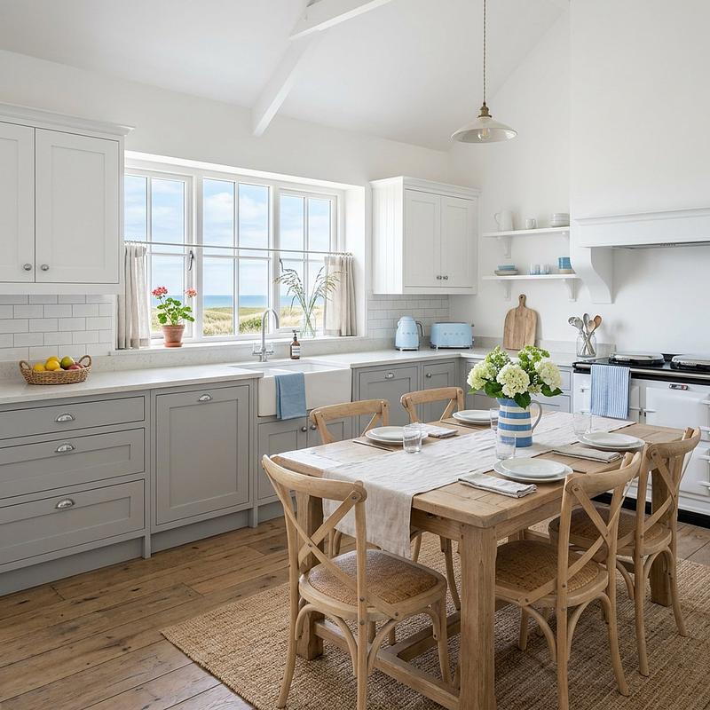 Light coastal-style kitchen with a soft blue island
