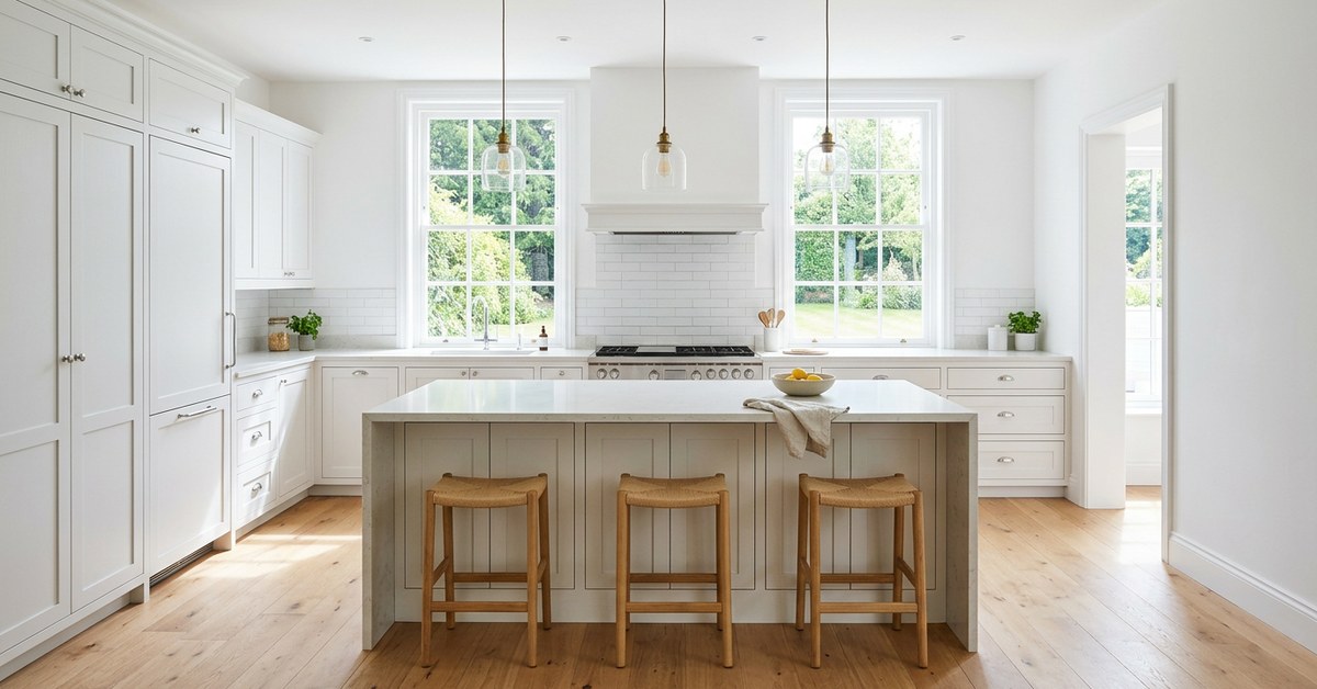 Bespoke shaker-style kitchen with marble island and brass handles — designed by Kitchen Design Showroom, East Antrim
