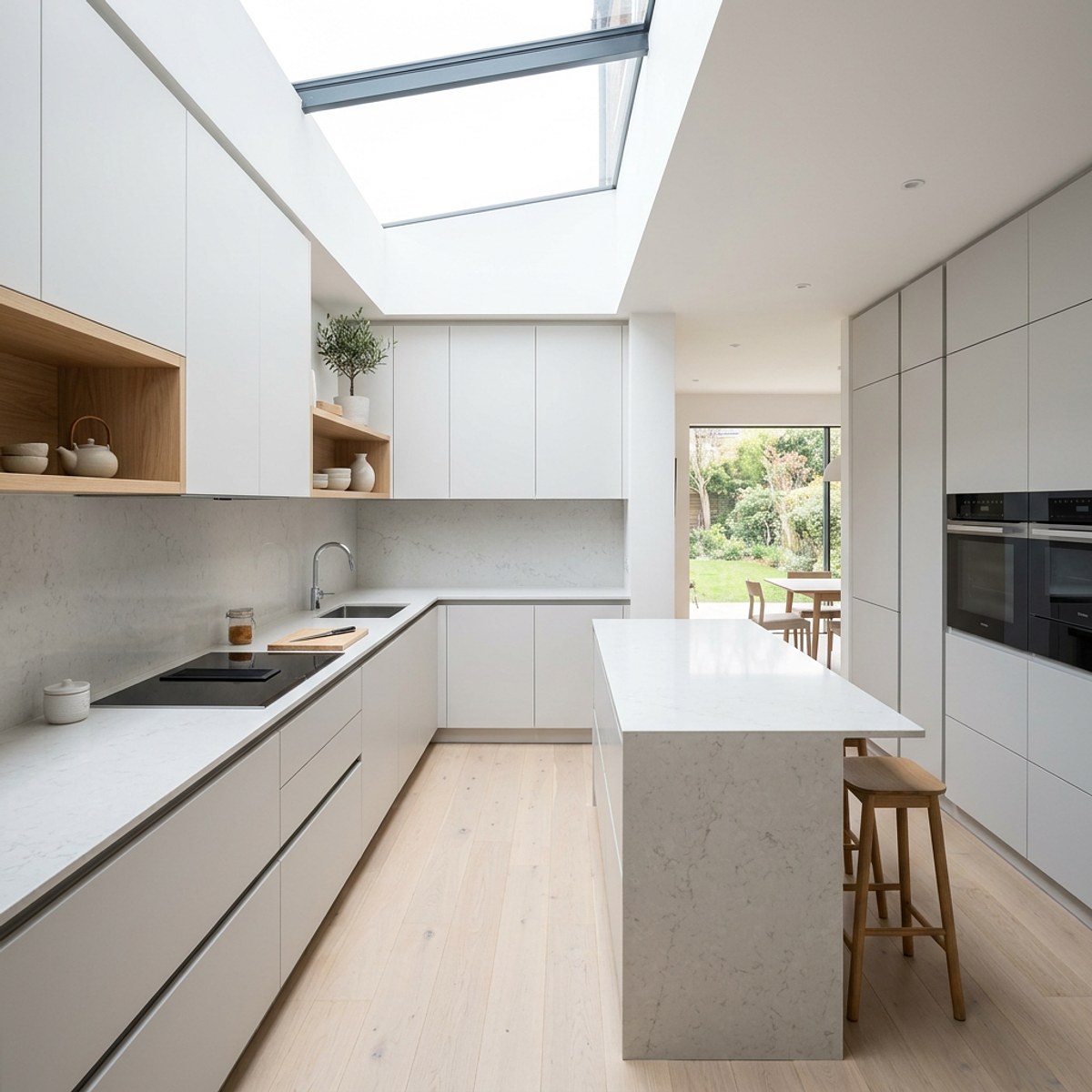 Modern handleless kitchen in white and light grey