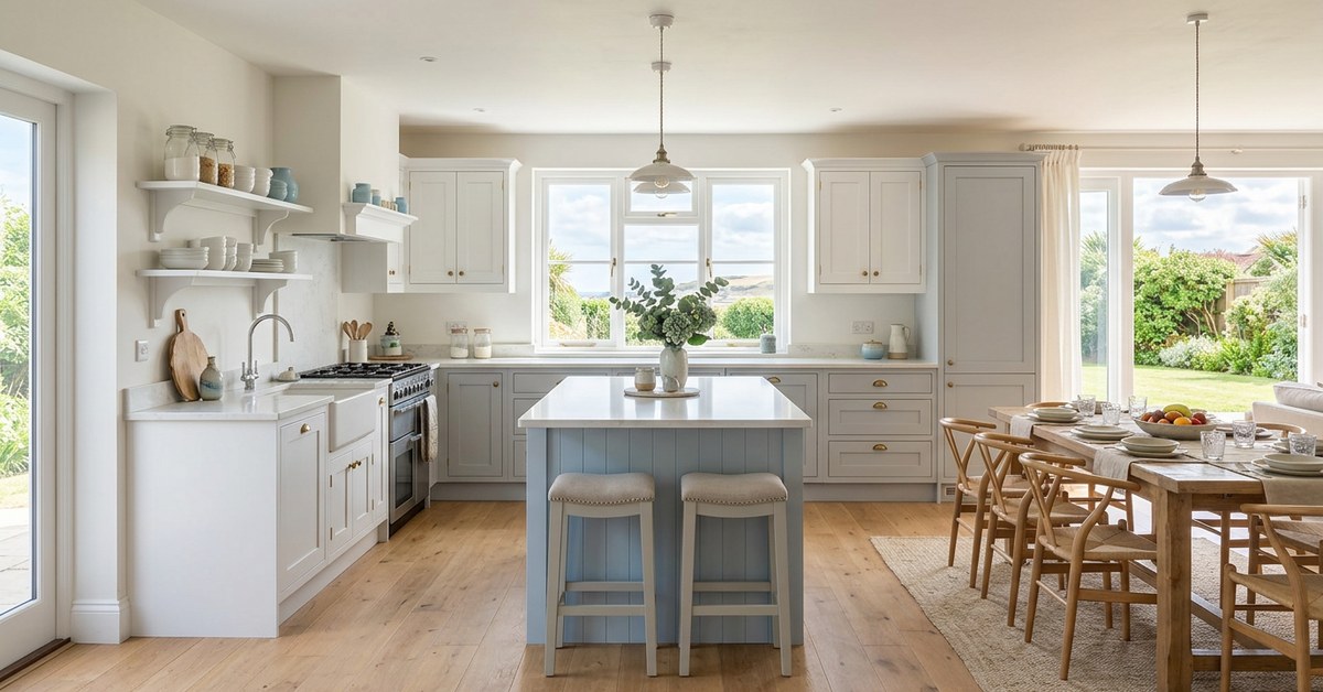 Light coastal-style kitchen with a soft blue island — designed by Kitchen Design Showroom, East Antrim