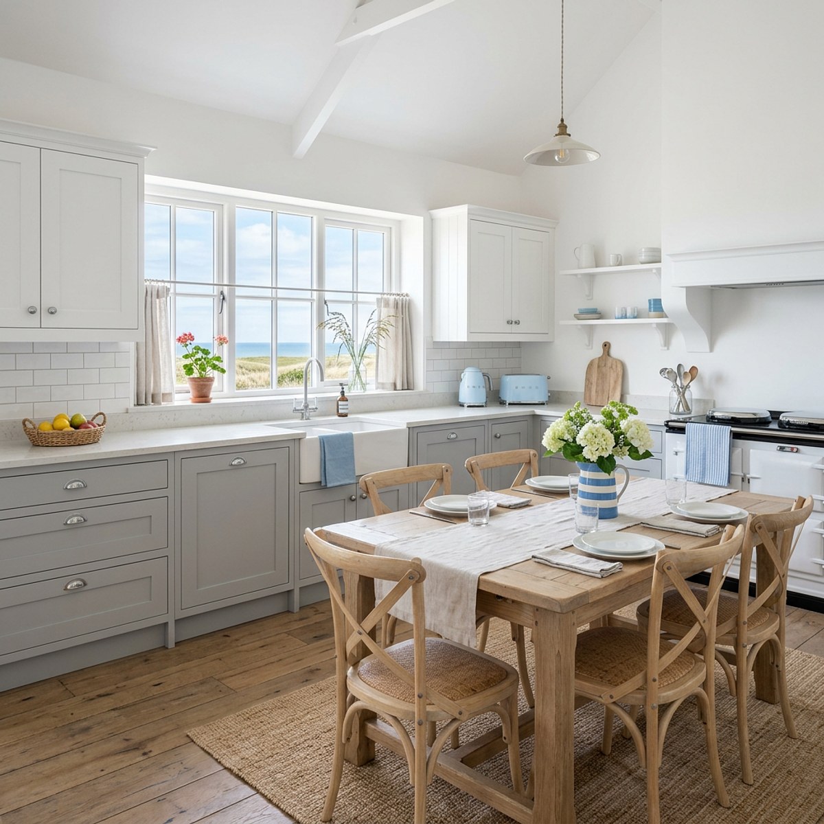 Light coastal-style kitchen with a soft blue island