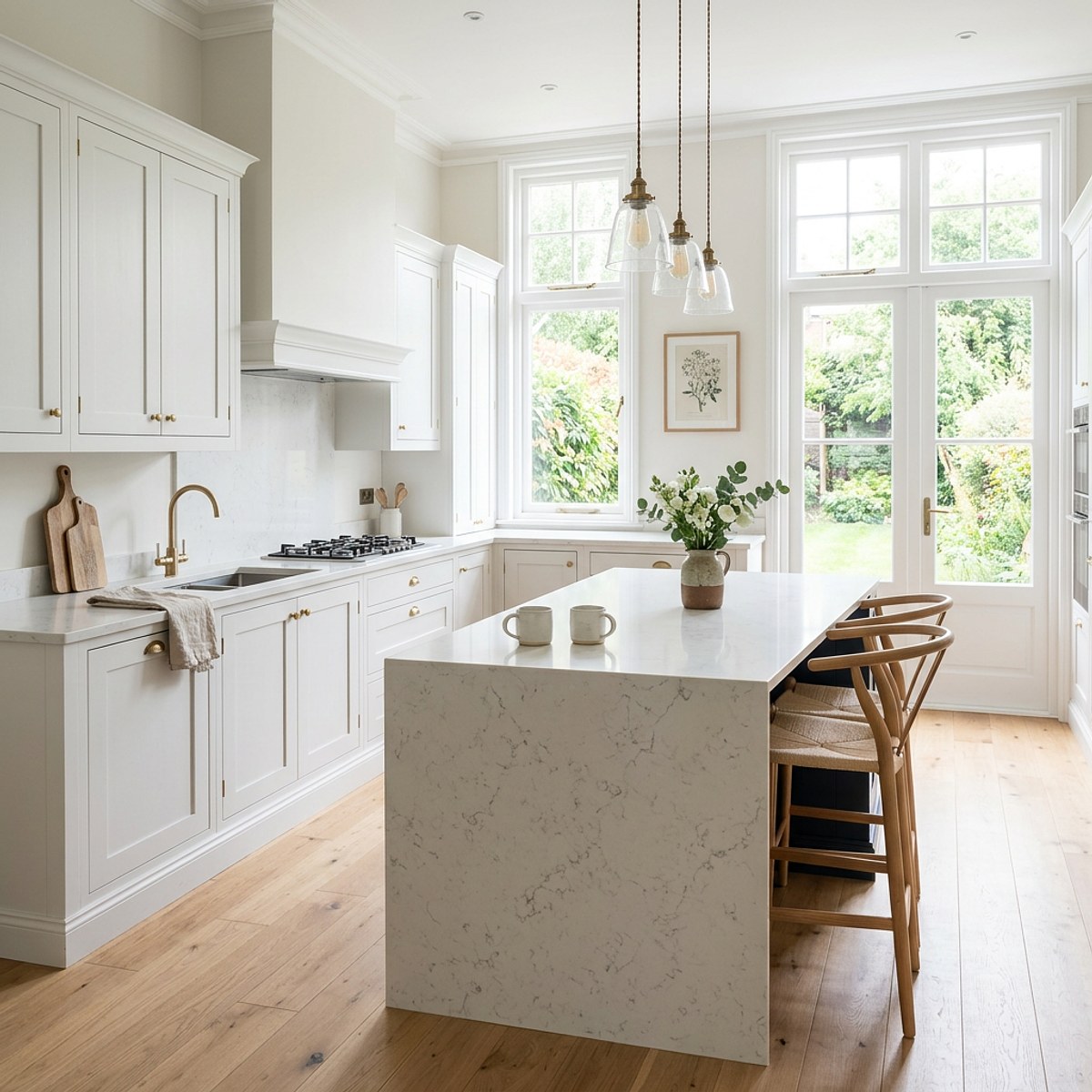White shaker-style kitchen with marble island and brass handles
