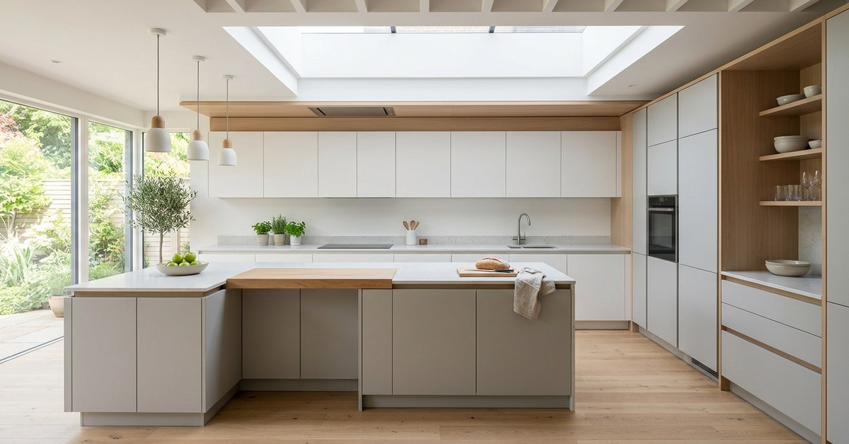 Modern handleless kitchen in white and light grey — designed by Kitchen Design Showroom, East Antrim